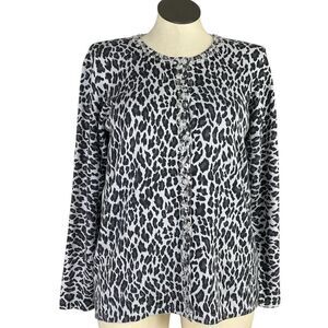 Quacker Factory Cardigan Sweater Women L Gray Leopard Print Beaded Rhinestones